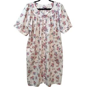 Vintage Pearl Snap Floral Cottage Core Dress Night Gown Knee Length Short Sleeve